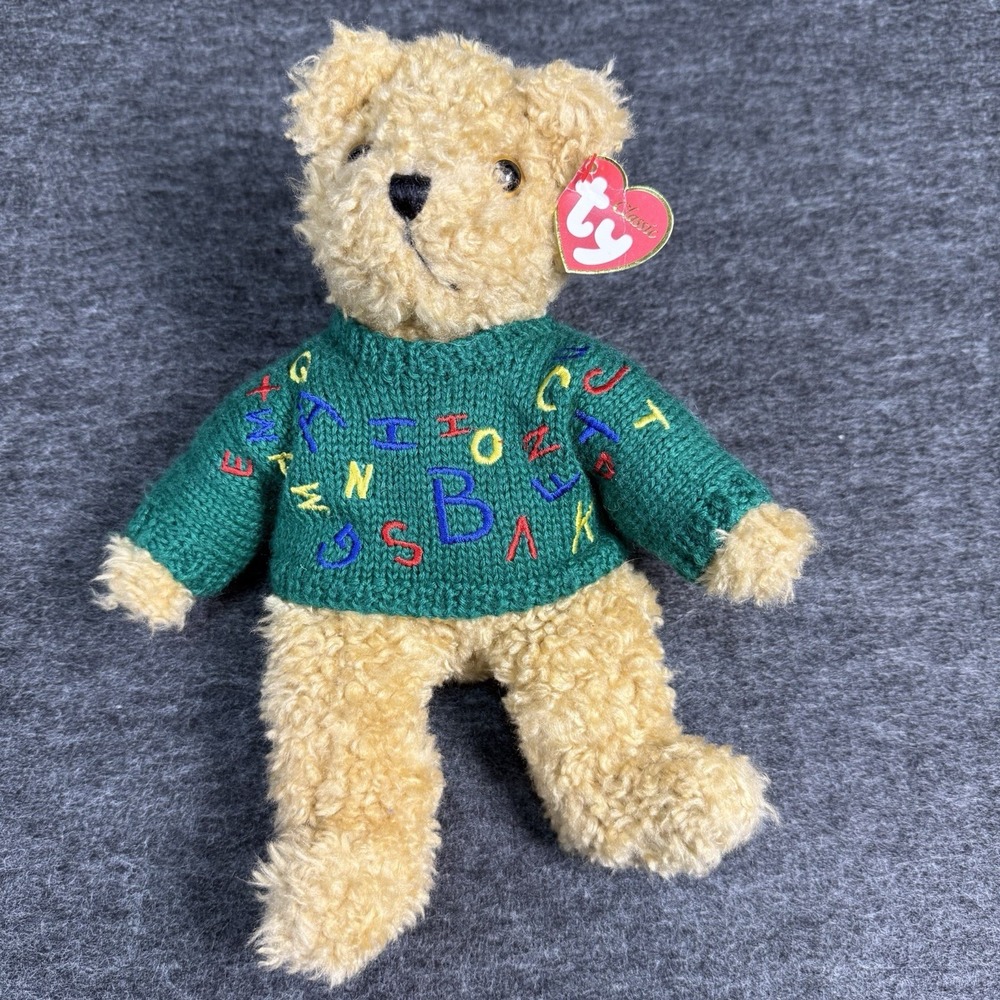 TY Classic Baby Curly Teddy Bear‎ Stuffed Plush Toy with Green Alphabet Sweater